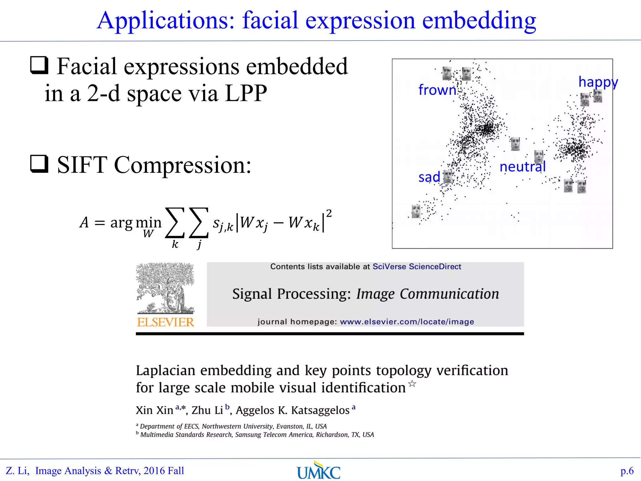 Applications: facial expression embedding
 Facial expressions embedded
in a 2-d space via LPP
 SIFT Compression:
p.6
frown
sad
happy
neutral
𝐴 = arg min
𝑊
𝑘 𝑗
𝑠𝑗,𝑘 𝑊𝑥𝑗 − 𝑊𝑥 𝑘
2
Z. Li, Image Analysis & Retrv, 2016 Fall
 