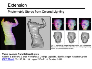 Extension
Photometric Stereo from Colored Lighting
Video Normals from Colored Lights
Gabriel J. Brostow, Carlos Hernández, George Vogiatzis, Björn Stenger, Roberto Cipolla
IEEE TPAMI, Vol. 33, No. 10, pages 2104-2114, October 2011.
 