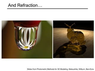 And Refraction…
Slides from Photometric Methods for 3D Modeling, Matsushita, Wilburn, Ben-Ezra
 