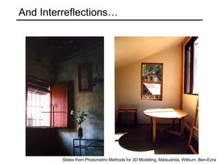 And Interreflections…
Slides from Photometric Methods for 3D Modeling, Matsushita, Wilburn, Ben-Ezra
 