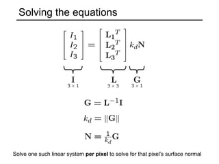 Solving the equations
Solve one such linear system per pixel to solve for that pixel’s surface normal
 