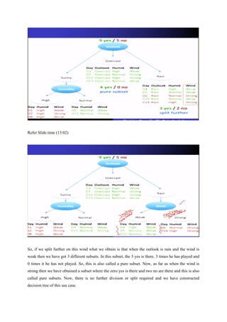 Refer Slide time (13:02)
So, if we split further on this wind what we obtain is that when the outlook is rain and the wind is
weak then we have got 3 different subsets. In this subset, the 3 yes is there. 3 times he has played and
0 times it he has not played. So, this is also called a pure subset. Now, as far as when the wind is
strong then we have obtained a subset where the zero yes is there and two no are there and this is also
called pure subsets. Now, there is no further division or split required and we have constructed
decision tree of this use case.
 