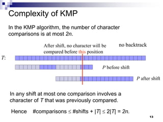 13
Complexity of KMP
In the KMP algorithm, the number of character
comparisons is at most 2n.
Hence #comparisons  #shifts + |T|  2|T| = 2n.
P before shift
P after shift
T:
In any shift at most one comparison involves a
character of T that was previously compared.
no backtrack
After shift, no character will be
compared before this position
 