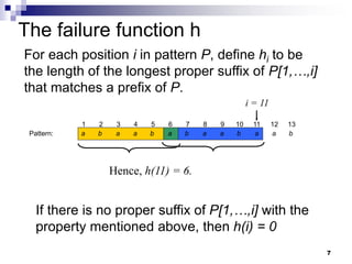7
For each position i in pattern P, define hi to be
the length of the longest proper suffix of P[1,…,i]
that matches a prefix of P.
1 2 3 4 5 6 7 8 9 10 11 12 13
Pattern: a b a a b a b a a b a a b
i = 11
Hence, h(11) = 6.
If there is no proper suffix of P[1,…,i] with the
property mentioned above, then h(i) = 0
.
The failure function h
 