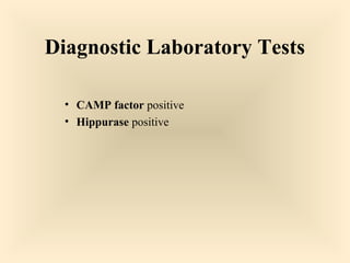 Diagnostic Laboratory Tests



CAMP factor positive
Hippurase positive

54

 