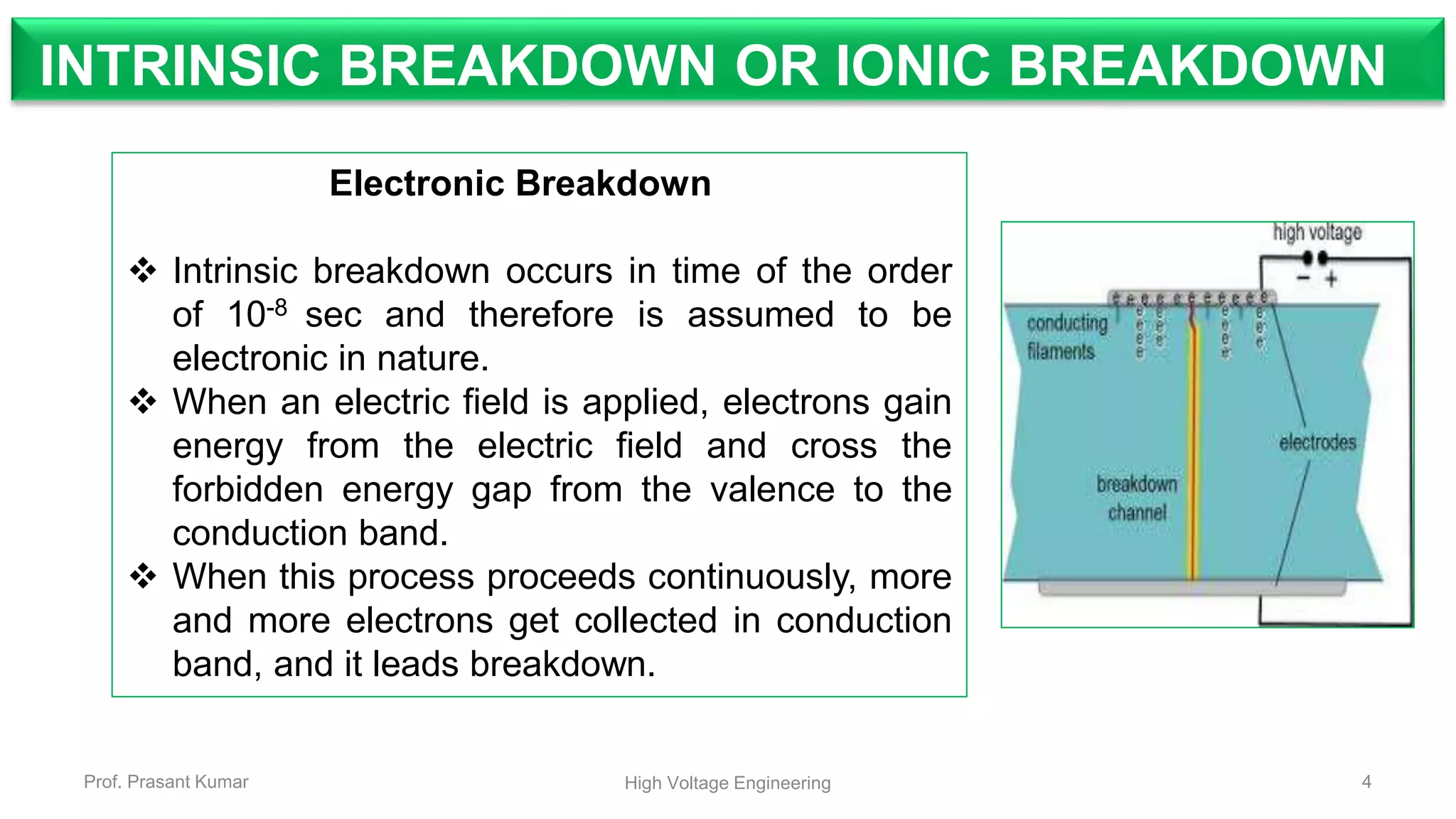 4Prof. Prasant Kumar High Voltage Engineering
Electronic Breakdown
 Intrinsic breakdown occurs in time of the order
of 10-8 sec and therefore is assumed to be
electronic in nature.
 When an electric field is applied, electrons gain
energy from the electric field and cross the
forbidden energy gap from the valence to the
conduction band.
 When this process proceeds continuously, more
and more electrons get collected in conduction
band, and it leads breakdown.
INTRINSIC BREAKDOWN OR IONIC BREAKDOWN
 