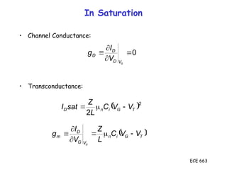 ECE 663
In Saturation
• Channel Conductance:
• Transconductance:
 2
2
T
G
i
n
D V
V
C
L
Z
sat
I 


0




G
V
D
D
D
V
I
g
 
T
G
i
n
V
G
D
m V
V
C
L
Z
V
I
g
D






 