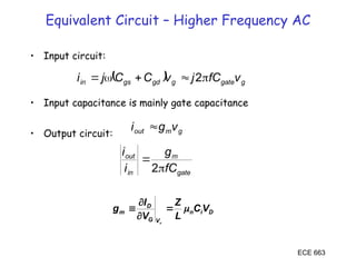 ECE 663
• Input circuit:
• Input capacitance is mainly gate capacitance
• Output circuit:
  g
gate
g
gd
gs
in v
fC
j
v
C
C
j
i 



 2
g
m
out v
g
i 
gate
m
in
out
fC
g
i
i


2
D
i
n
V
G
D
m V
C
L
Z
V
I
g
D





Equivalent Circuit – Higher Frequency AC
 