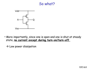 ECE 663
So what?
• More importantly, since one is open and one is shut at steady
state, no current except during turn-on/turn-off
 Low power dissipation
 
