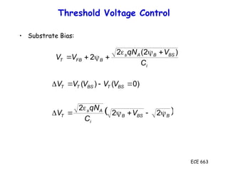 ECE 663
Threshold Voltage Control
• Substrate Bias:
i
BS
B
A
s
B
FB
T
C
V
qN
V
V
)
2
(
2
2







 
B
BS
B
i
A
s
T
BS
T
BS
T
T
V
C
qN
V
V
V
V
V
V











2
2
2
)
0
(
)
(
 