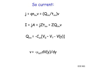 j = qninvv = (Qinv/tinv)v
I = jA = jZtinv = ZQinvv
ECE 663
So current:
Qinv = -Cox[VG – VT - V(y)]
v = -effdV(y)/dy
 