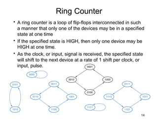 Ring Counter
• A ring counter is a loop of flip-flops interconnected in such
  a manner that only one of the devices may be in a specified
  state at one time
• If the specified state is HIGH, then only one device may be
  HIGH at one time.
• As the clock, or input, signal is received, the specified state
  will shift to the next device at a rate of 1 shift per clock, or
  input, pulse.




                                                                14
 