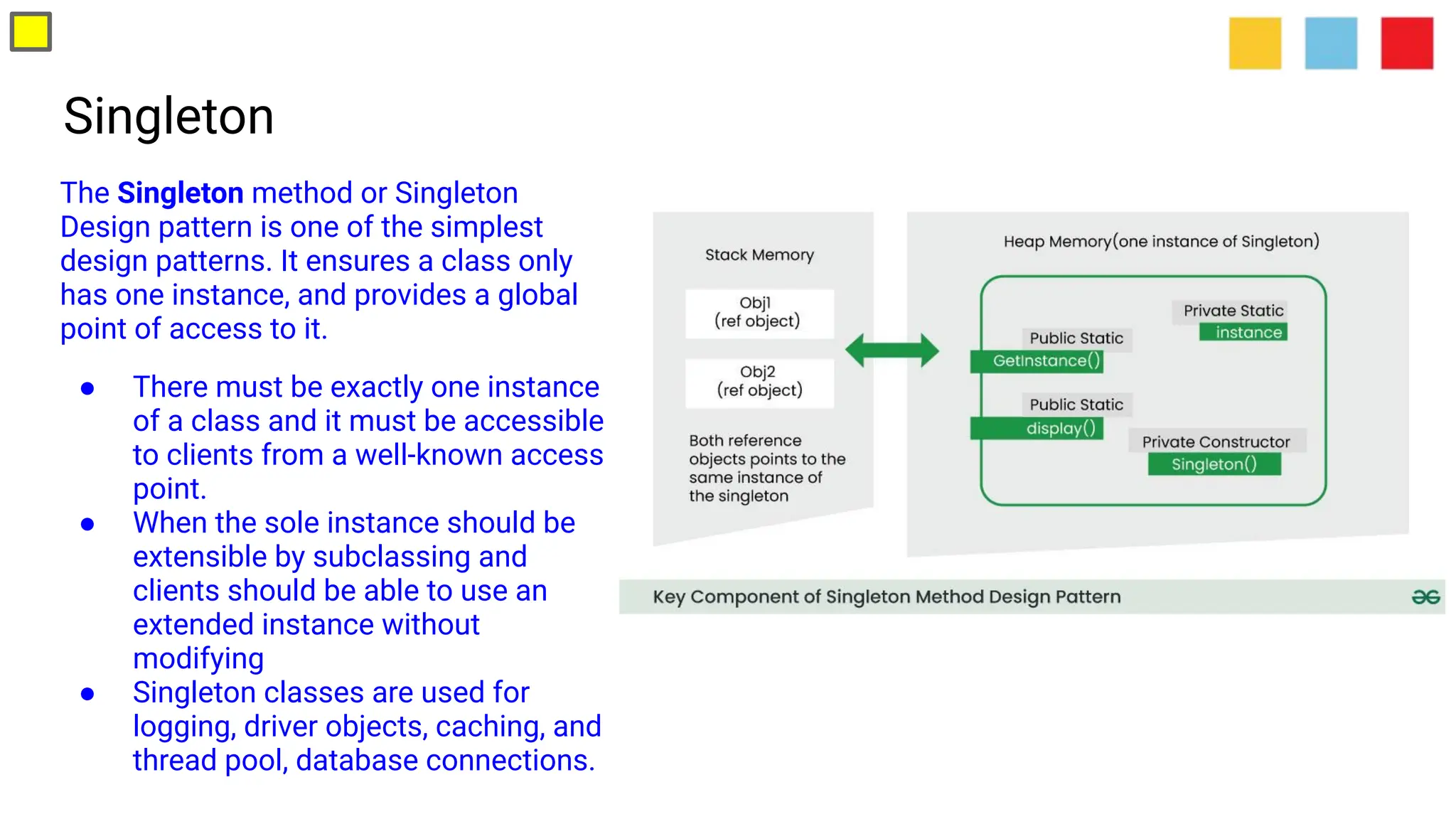 Singleton
The Singleton method or Singleton
Design pattern is one of the simplest
design patterns. It ensures a class only
has one instance, and provides a global
point of access to it.
● There must be exactly one instance
of a class and it must be accessible
to clients from a well-known access
point.
● When the sole instance should be
extensible by subclassing and
clients should be able to use an
extended instance without
modifying
● Singleton classes are used for
logging, driver objects, caching, and
thread pool, database connections.
 