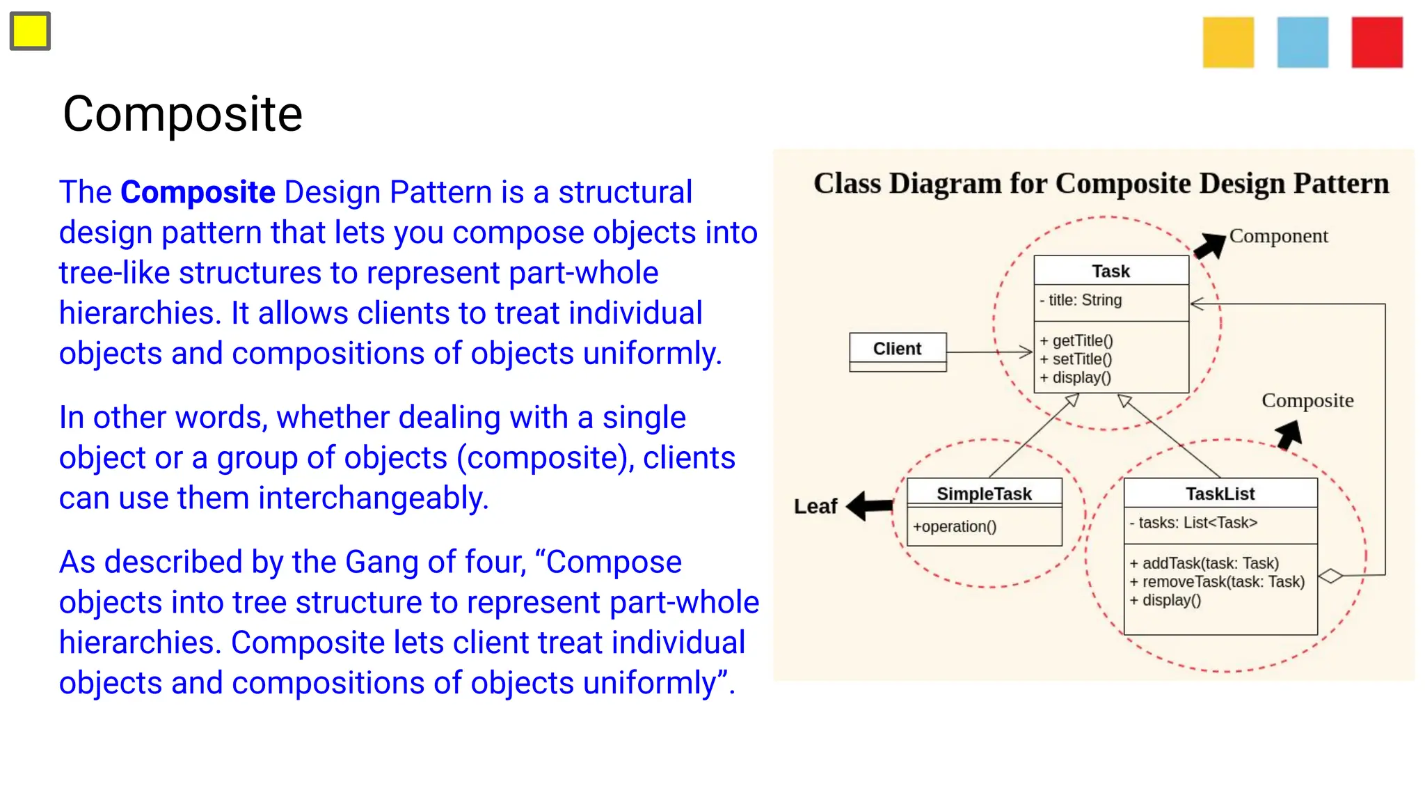 Composite
The Composite Design Pattern is a structural
design pattern that lets you compose objects into
tree-like structures to represent part-whole
hierarchies. It allows clients to treat individual
objects and compositions of objects uniformly.
In other words, whether dealing with a single
object or a group of objects (composite), clients
can use them interchangeably.
As described by the Gang of four, “Compose
objects into tree structure to represent part-whole
hierarchies. Composite lets client treat individual
objects and compositions of objects uniformly”.
 