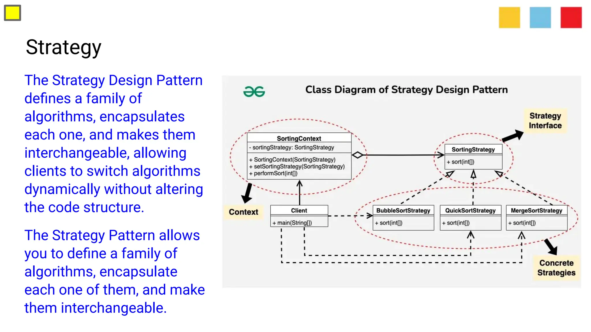 Strategy
The Strategy Design Pattern
deﬁnes a family of
algorithms, encapsulates
each one, and makes them
interchangeable, allowing
clients to switch algorithms
dynamically without altering
the code structure.
The Strategy Pattern allows
you to deﬁne a family of
algorithms, encapsulate
each one of them, and make
them interchangeable.
 