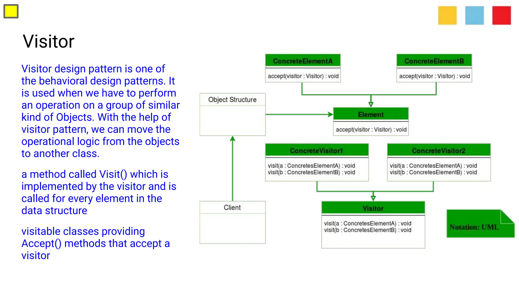 Visitor
Visitor design pattern is one of
the behavioral design patterns. It
is used when we have to perform
an operation on a group of similar
kind of Objects. With the help of
visitor pattern, we can move the
operational logic from the objects
to another class.
a method called Visit() which is
implemented by the visitor and is
called for every element in the
data structure
visitable classes providing
Accept() methods that accept a
visitor
 