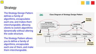 Strategy
The Strategy Design Pattern
deﬁnes a family of
algorithms, encapsulates
each one, and makes them
interchangeable, allowing
clients to switch algorithms
dynamically without altering
the code structure.
The Strategy Pattern allows
you to deﬁne a family of
algorithms, encapsulate
each one of them, and make
them interchangeable.
 