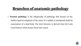 6. Forensic pathology is the subspecialty of pathology that focuses on the
medico-legal investigation of the cause of a sudden or unexpected death by
examination of a dead body. The term forensics is derived from the Latin
word forēnsis which means forum (law court).
 