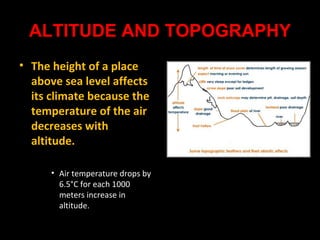 ALTITUDE AND TOPOGRAPHY
• The height of a place
above sea level affects
its climate because the
temperature of the air
decreases with
altitude.
• Air temperature drops by
6.5°C for each 1000
meters increase in
altitude.

 
