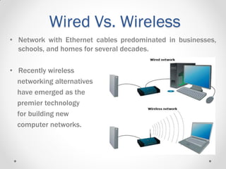 Wired Vs. Wireless
• Network with Ethernet cables predominated in businesses,
schools, and homes for several decades.
• Recently wireless
networking alternatives
have emerged as the
premier technology
for building new
computer networks.
 