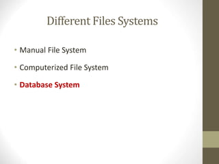 Different Files Systems
• Manual File System
• Computerized File System
• Database System
 