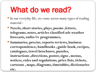 Reading. Things THE READING SKILLS , its Types & Techniques | PPTX