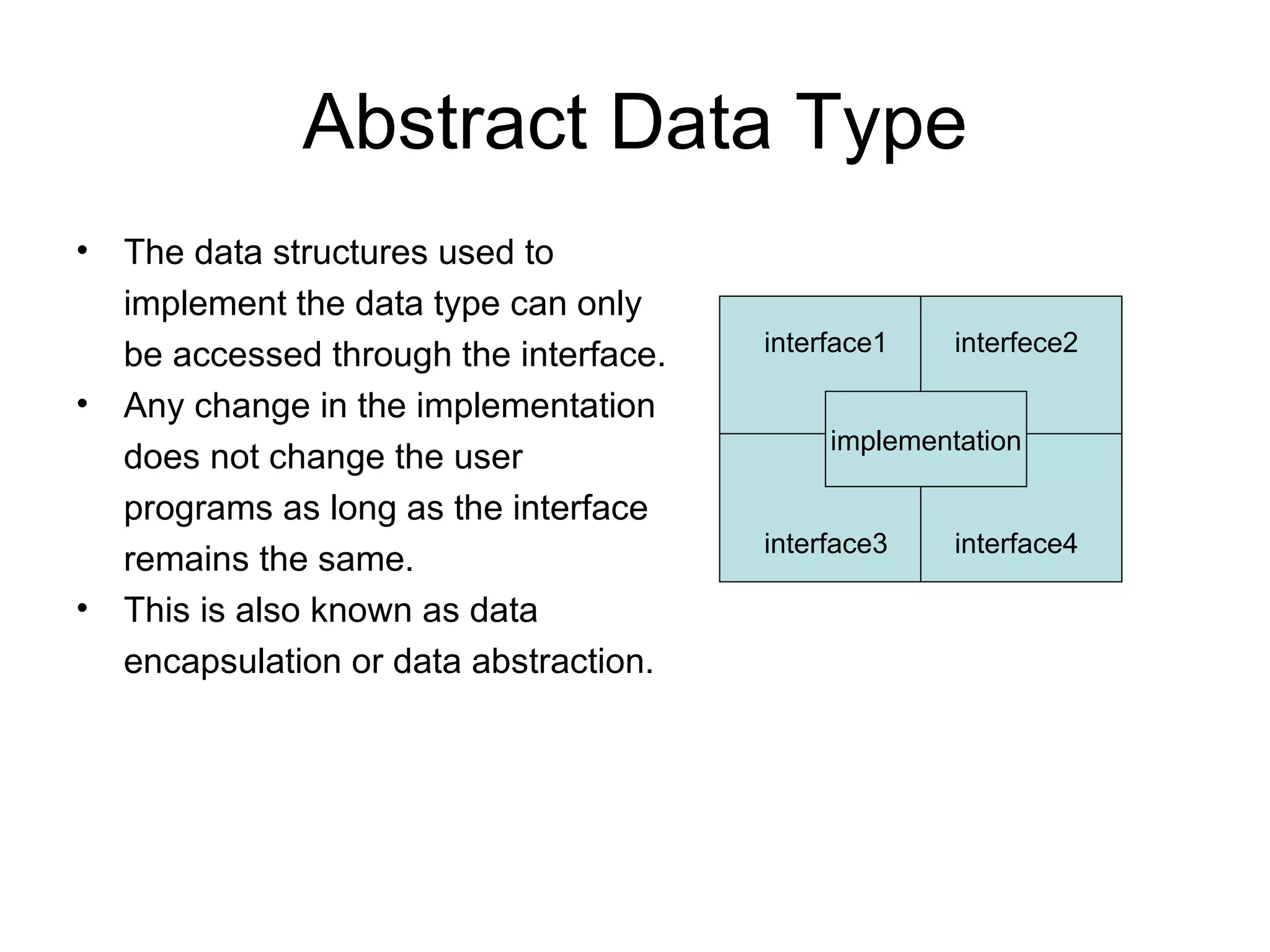Abstract Data Type The data structures used to implement the data type can only be accessed through the interface. Any change in the implementation does not change the user programs as long as the interface remains the same. This is also known as data encapsulation or data abstraction. implementation interface1 interfece2 interface3 interface4 