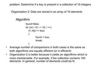 problem: Determine if a key is present in a collection of 10 integers   Organization 2: Data are stored in an array of 10 elements Algorithm found=false; for (int i =0; i < 10; i ++)   if ( A[i] == key)   { found = true; break;   } Average number of comparisons in both cases is the same so both algorithms are equally efficient (or in efficient) Organization 2 is better because it yields an algorithms which is more maintainable. For example, if the collection contains 100 elements. In general, number of elements could be N. 