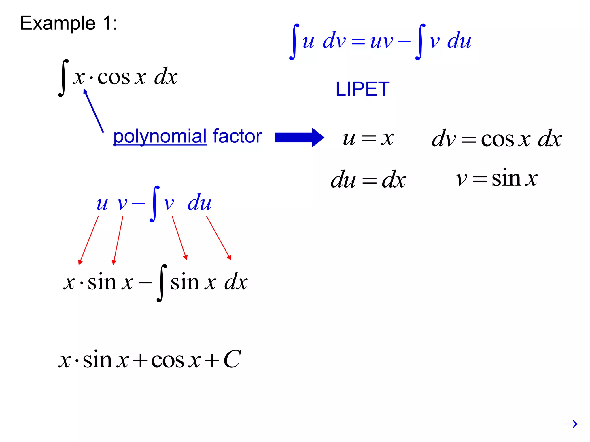 Example 1:
cos
x x dx


polynomial factor u x

du dx

cos
dv x dx

sin
v x

u dv uv v du
 
 
LIPET
sin cos
x x x C
  
u v v du
 
sin sin
x x x dx
  

 