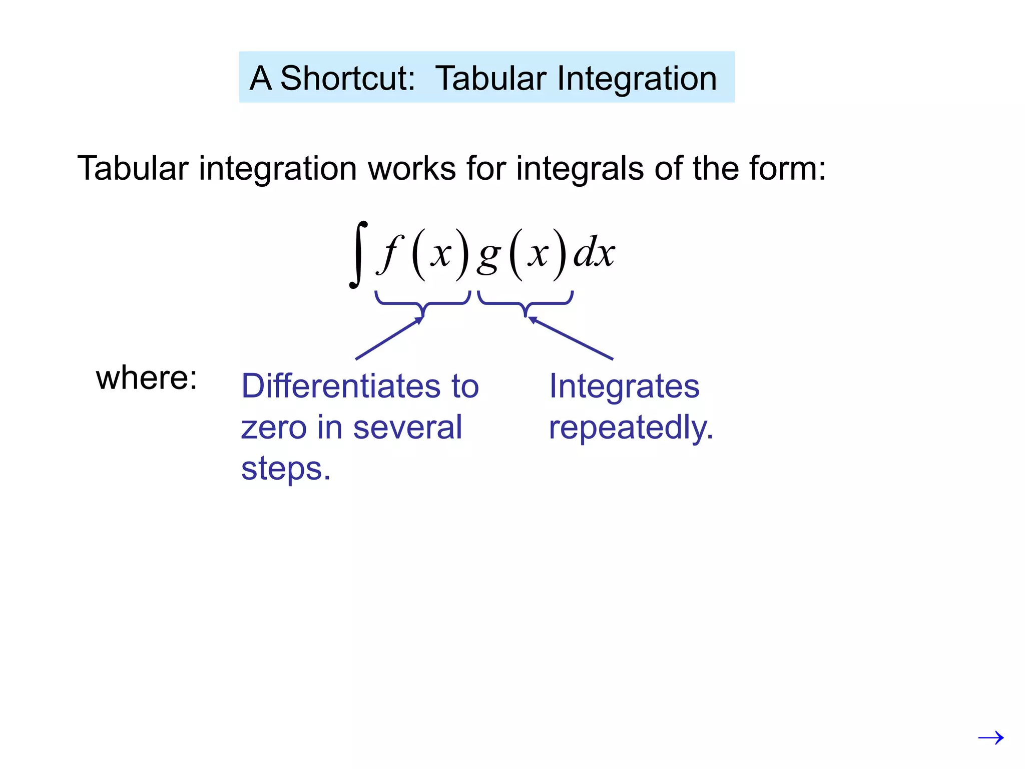 A Shortcut: Tabular Integration
Tabular integration works for integrals of the form:
   
f x g x dx

where: Differentiates to
zero in several
steps.
Integrates
repeatedly.

 