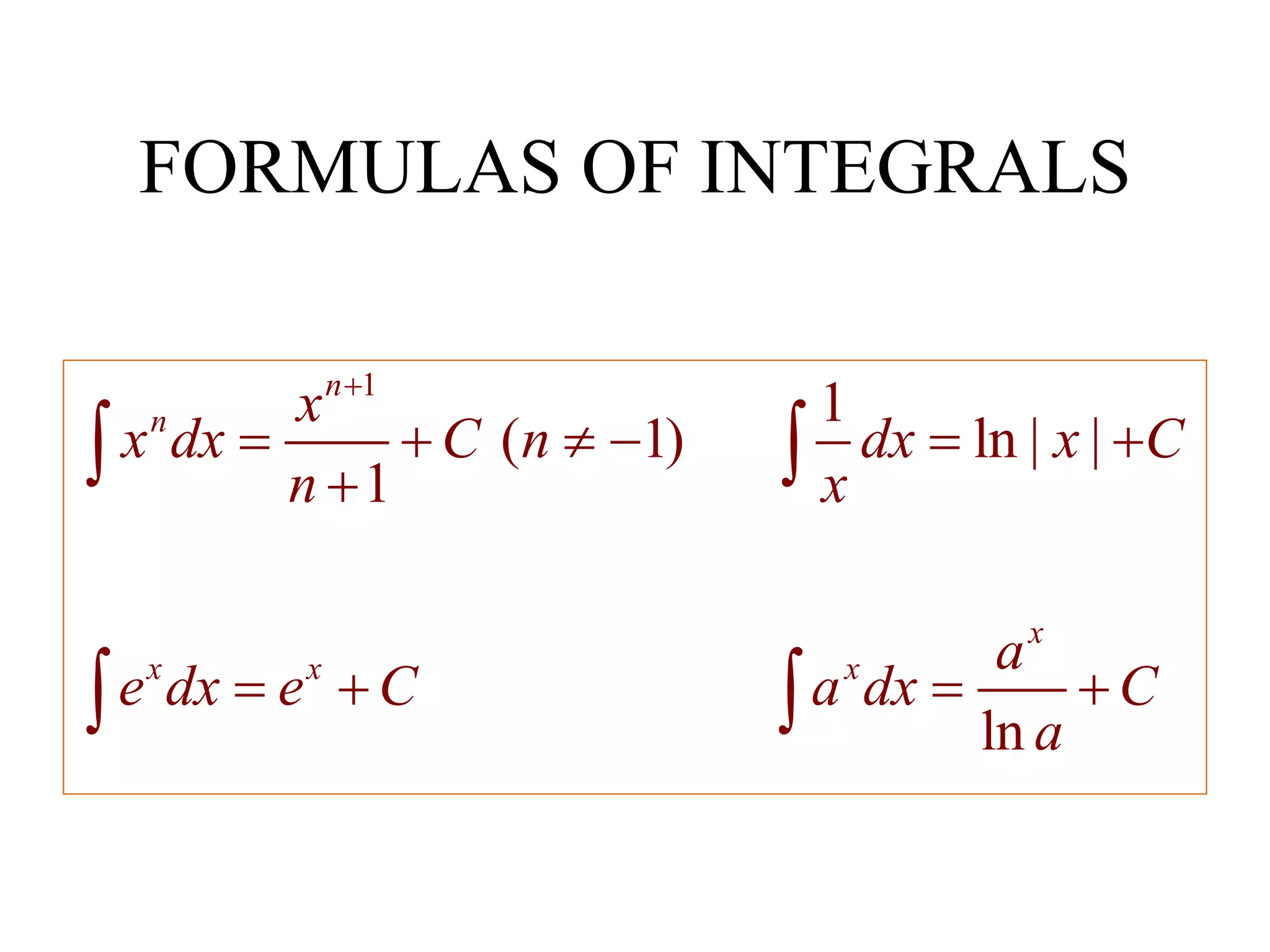 FORMULAS OF INTEGRALS
1
1
( 1) ln | |
1
ln
n
n
x
x x x
x
x dx C n dx x C
n x
a
e dx e C a dx C
a

     

   
 
 
 