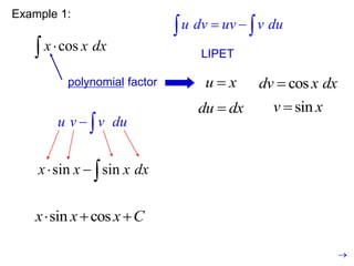 Example 1:
cos
x x dx


polynomial factor u x

du dx

cos
dv x dx

sin
v x

u dv uv v du
 
 
LIPET
sin cos
x x x C
  
u v v du
 
sin sin
x x x dx
  

 
