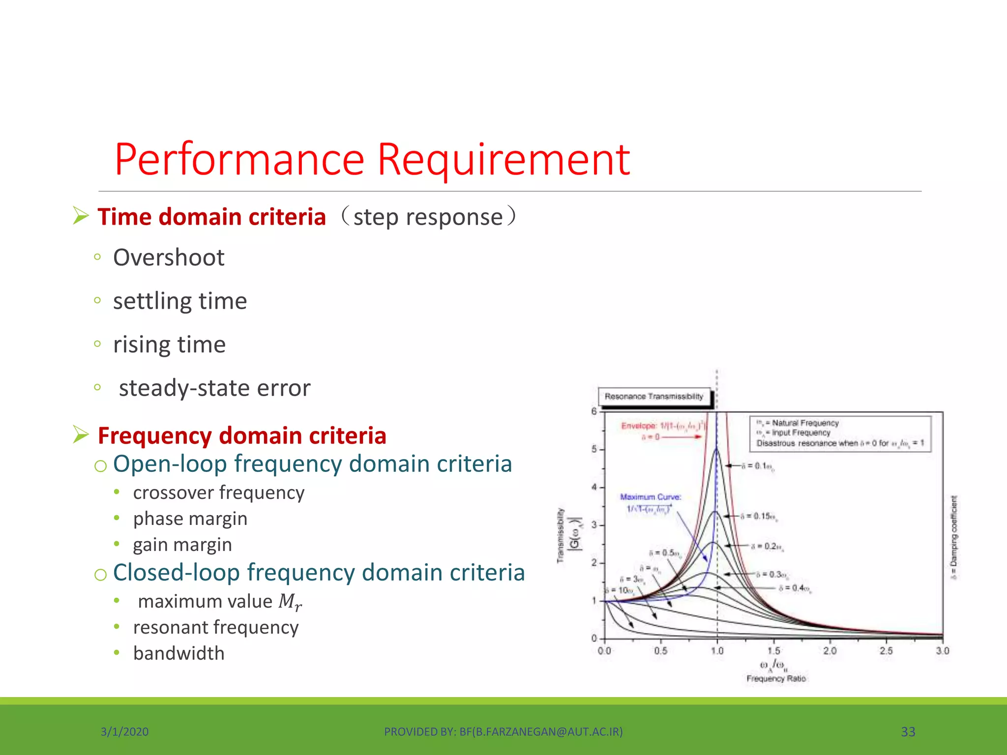 Time domain criteria（step response）
◦ Overshoot
◦ settling time
◦ rising time
◦ steady-state error
 Frequency domain criteria
o Open-loop frequency domain criteria
• crossover frequency
• phase margin
• gain margin
o Closed-loop frequency domain criteria
• maximum value 𝑀𝑟
• resonant frequency
• bandwidth
Performance Requirement
3/1/2020 PROVIDED BY: BF(B.FARZANEGAN@AUT.AC.IR) 33
 