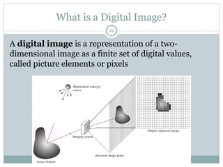 What is a Digital Image?
A digital image is a representation of a two-
dimensional image as a finite set of digital values,
called picture elements or pixels
12
 