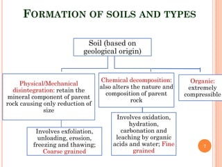 FORMATION OF SOILS AND TYPES
Soil (based on
geological origin)
Physical/Mechanical
disintegration: retain the
mineral component of parent
rock causing only reduction of
size
Involves exfoliation,
unloading, erosion,
freezing and thawing;
Coarse grained
Chemical decomposition:
also alters the nature and
composition of parent
rock
Involves oxidation,
hydration,
carbonation and
leaching by organic
acids and water; Fine
grained
Organic:
extremely
compressible
7
 