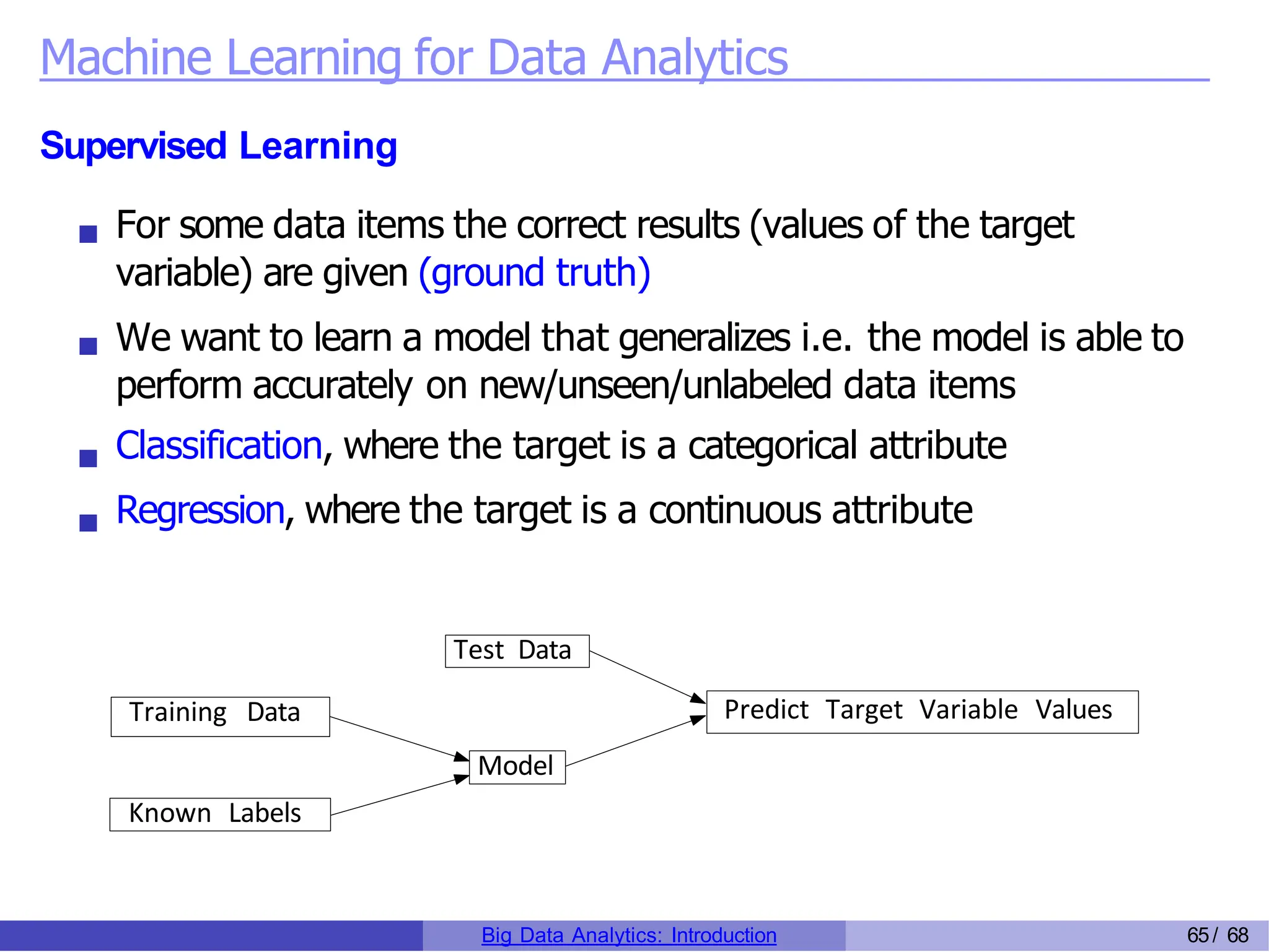Machine Learning for Data Analytics
Supervised Learning
For some data items the correct results (values of the target
variable) are given (ground truth)
We want to learn a model that generalizes i.e. the model is able to
perform accurately on new/unseen/unlabeled data items
Classification, where the target is a categorical attribute
Regression, where the target is a continuous attribute
Training Data
Known Labels
Model
Test Data
Predict Target Variable Values
Big Data Analytics: Introduction 65/ 68
 