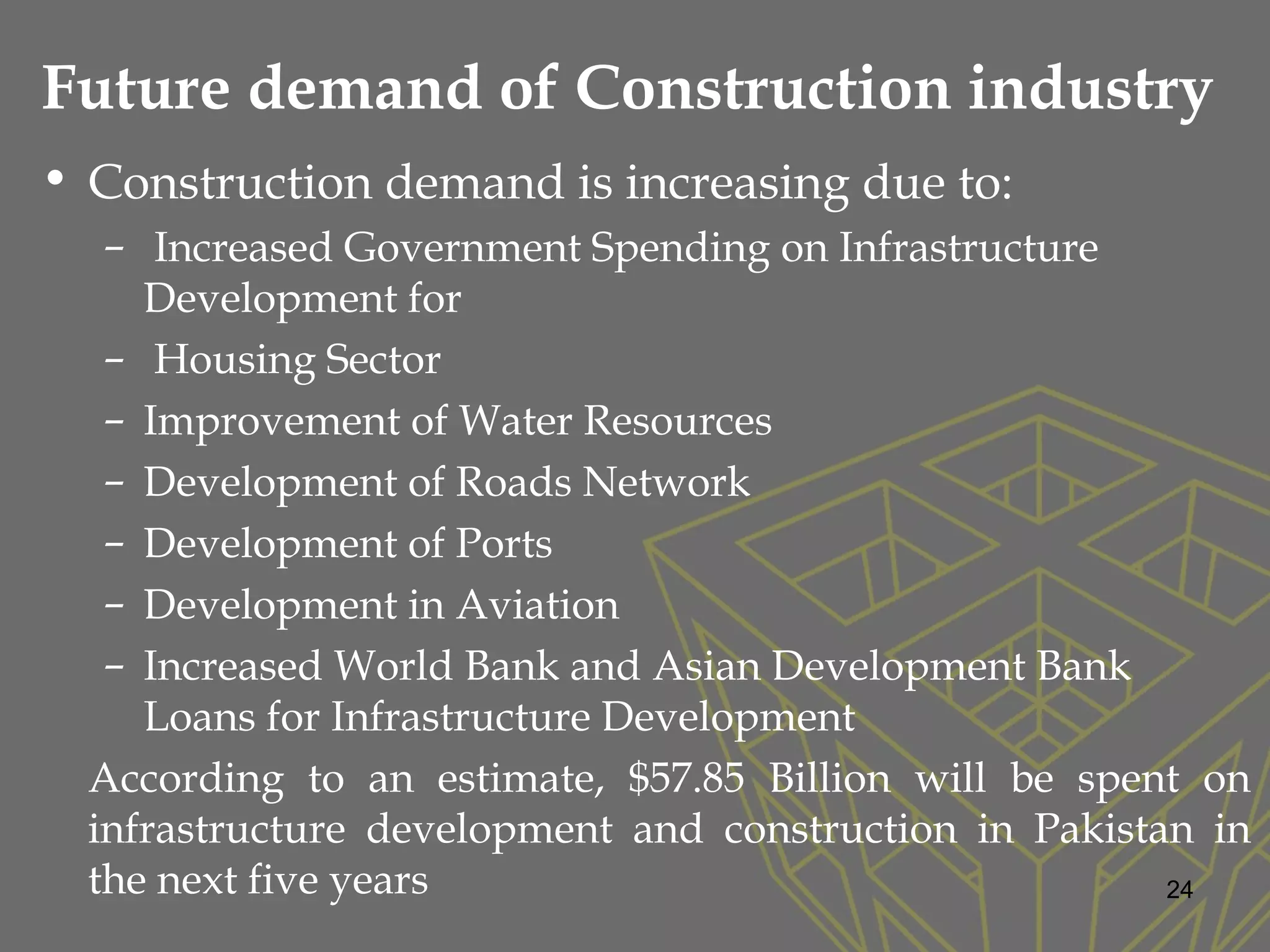 Future demand of Construction industry
• Construction demand is increasing due to:
– Increased Government Spending on Infrastructure
Development for
– Housing Sector
– Improvement of Water Resources
– Development of Roads Network
– Development of Ports
– Development in Aviation
– Increased World Bank and Asian Development Bank
Loans for Infrastructure Development
According to an estimate, $57.85 Billion will be spent on
infrastructure development and construction in Pakistan in
the next five years 24
 