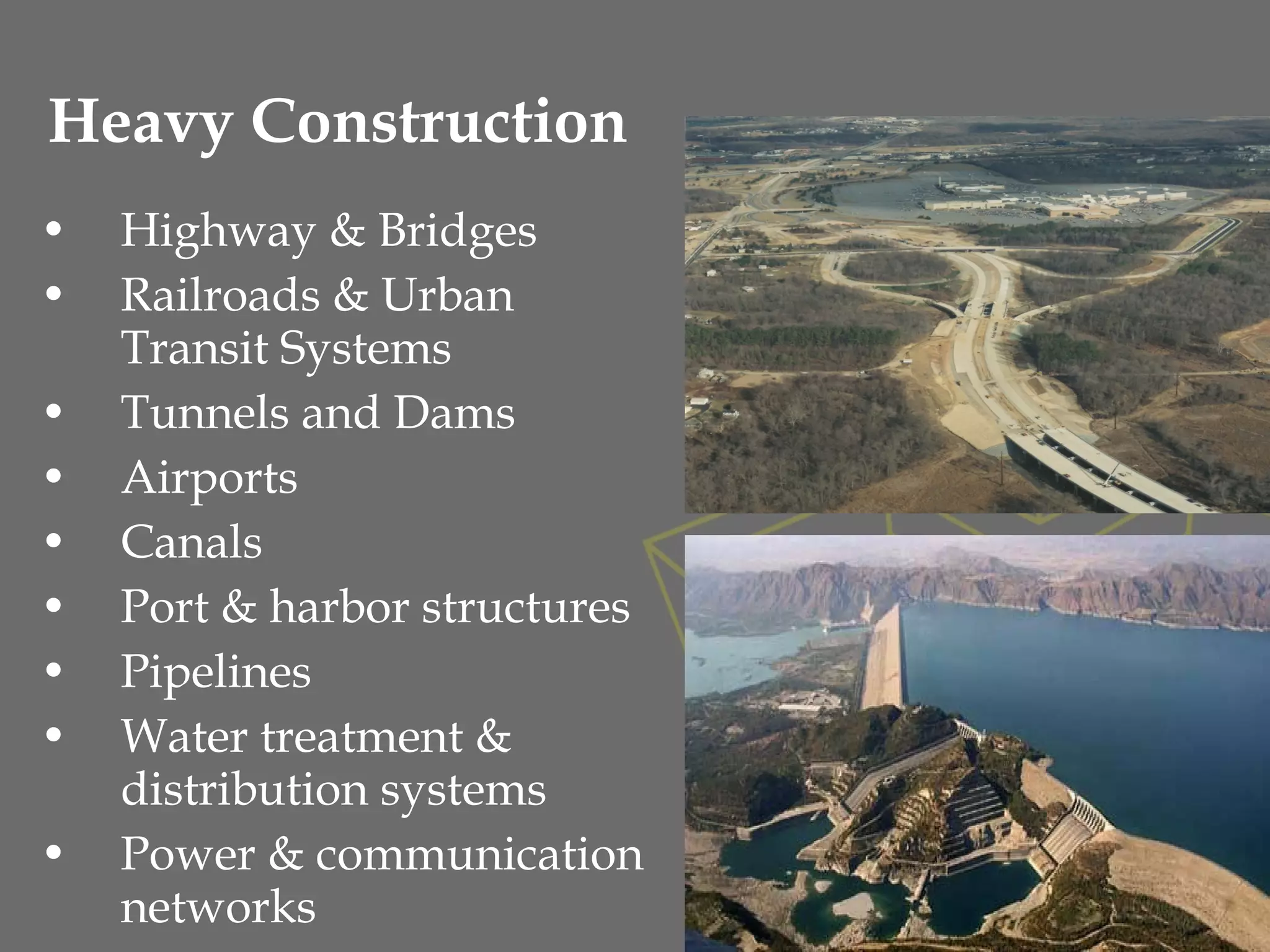 • Highway & Bridges
• Railroads & Urban
Transit Systems
• Tunnels and Dams
• Airports
• Canals
• Port & harbor structures
• Pipelines
• Water treatment &
distribution systems
• Power & communication
networks
Heavy Construction
34
 