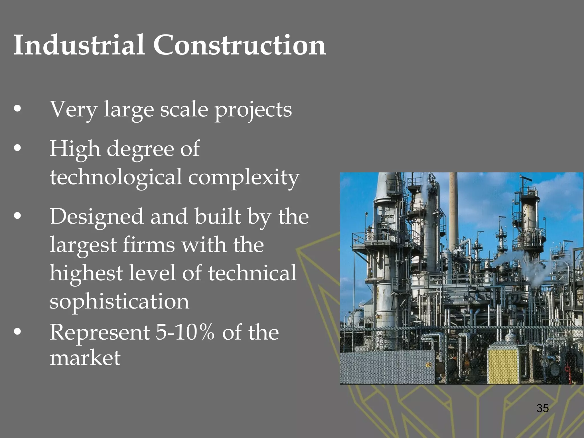 • Very large scale projects
• High degree of
technological complexity
• Designed and built by the
largest firms with the
highest level of technical
sophistication
• Represent 5-10% of the
market
Industrial Construction
35
 