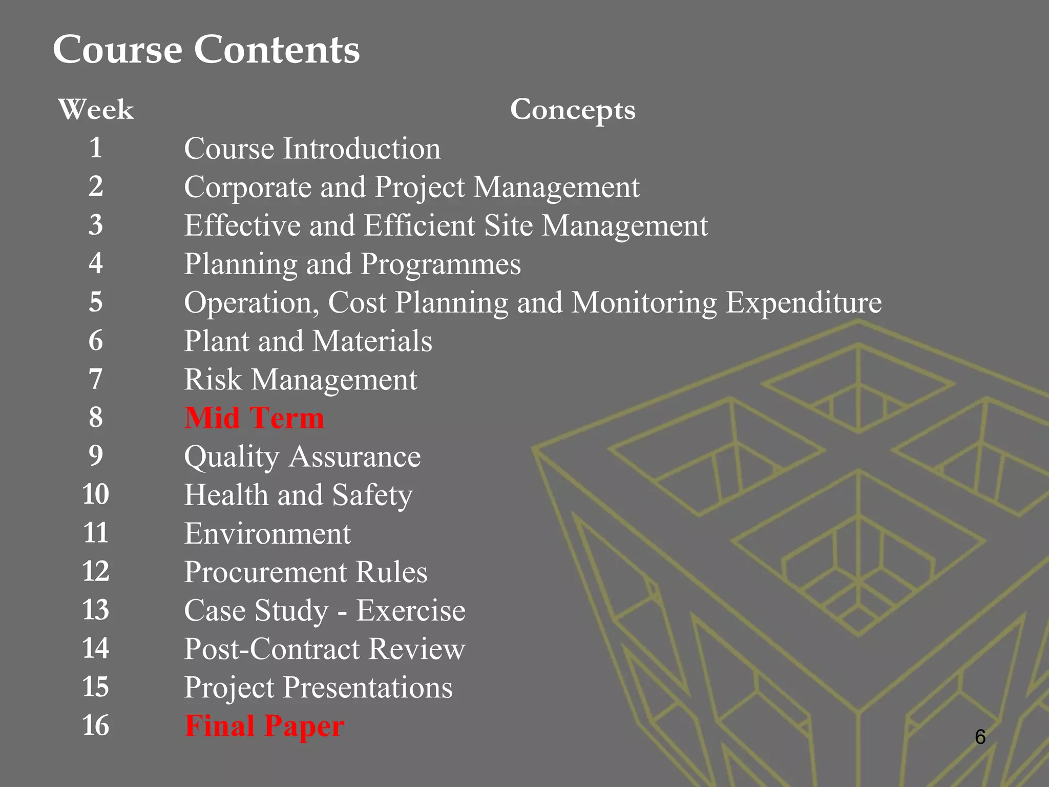 6
Course Contents
Week Concepts
1 Course Introduction
2 Corporate and Project Management
3 Effective and Efficient Site Management
4 Planning and Programmes
5 Operation, Cost Planning and Monitoring Expenditure
6 Plant and Materials
7 Risk Management
8 Mid Term
9 Quality Assurance
10 Health and Safety
11 Environment
12 Procurement Rules
13 Case Study - Exercise
14 Post-Contract Review
15 Project Presentations
16 Final Paper
 