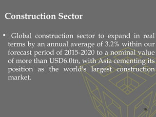 Construction Sector
• Global construction sector to expand in real
terms by an annual average of 3.2% within our
forecast period of 2015-2020 to a nominal value
of more than USD6.0tn, with Asia cementing its
position as the world's largest construction
market.
16
 