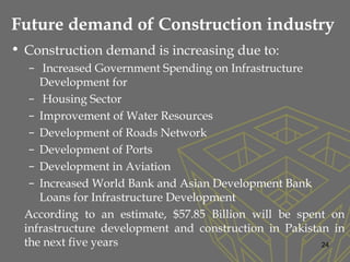 Future demand of Construction industry
• Construction demand is increasing due to:
– Increased Government Spending on Infrastructure
Development for
– Housing Sector
– Improvement of Water Resources
– Development of Roads Network
– Development of Ports
– Development in Aviation
– Increased World Bank and Asian Development Bank
Loans for Infrastructure Development
According to an estimate, $57.85 Billion will be spent on
infrastructure development and construction in Pakistan in
the next five years 24
 