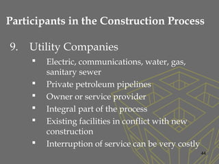 9. Utility Companies
 Electric, communications, water, gas,
sanitary sewer
 Private petroleum pipelines
 Owner or service provider
 Integral part of the process
 Existing facilities in conflict with new
construction
 Interruption of service can be very costly
44
Participants in the Construction Process
 