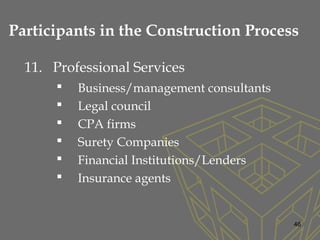 11. Professional Services
 Business/management consultants
 Legal council
 CPA firms
 Surety Companies
 Financial Institutions/Lenders
 Insurance agents
46
Participants in the Construction Process
 