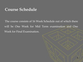 5
Course Schedule
The course consists of 16 Week Schedule out of which there
will be One Week for Mid Term examination and One
Week for Final Examination.
 