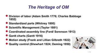 1 - 18
The Heritage of OM
 Division of labor (Adam Smith 1776; Charles Babbage
1852)
 Standardized parts (Whitney 1800)
 Scientific Management (Taylor 1881)
 Coordinated assembly line (Ford/ Sorenson 1913)
 Gantt charts (Gantt 1916)
 Motion study (Frank and Lillian Gilbreth 1922)
 Quality control (Shewhart 1924; Deming 1950)
 