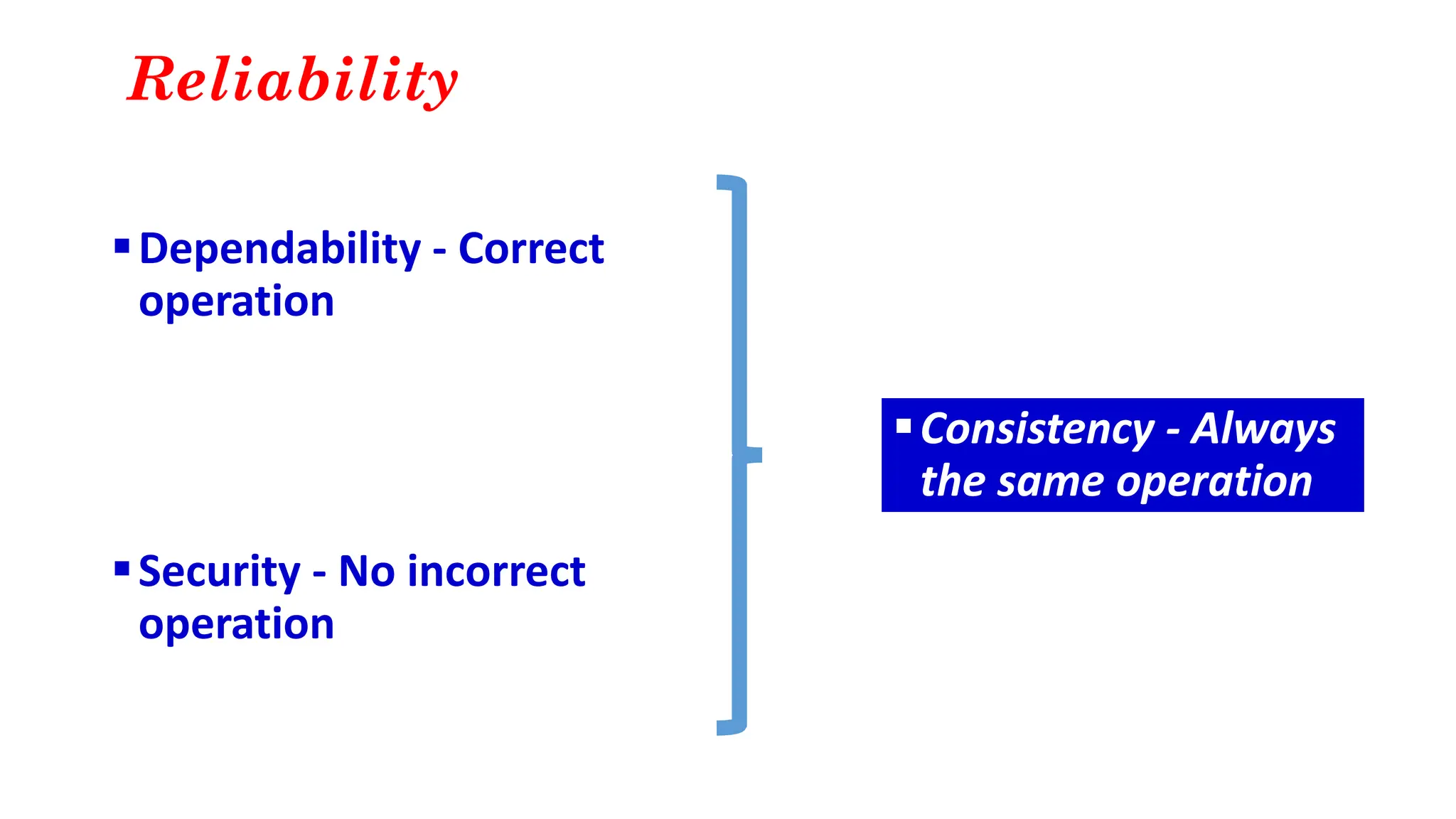 Reliability
▪Dependability - Correct
operation
▪Security - No incorrect
operation
▪Consistency - Always
the same operation
 