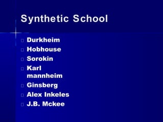Synthetic School
Durkheim
Hobhouse
Sorokin
Karl
mannheim
Ginsberg
Alex Inkeles
J.B. Mckee
 