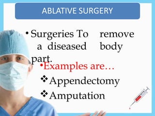 • Surgeries To remove
a diseased body
part.
•Examples are…
Appendectomy
Amputation
 