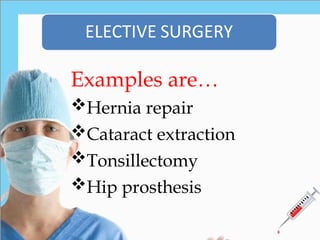 Examples are…
Hernia repair
Cataract extraction
Tonsillectomy
Hip prosthesis
 